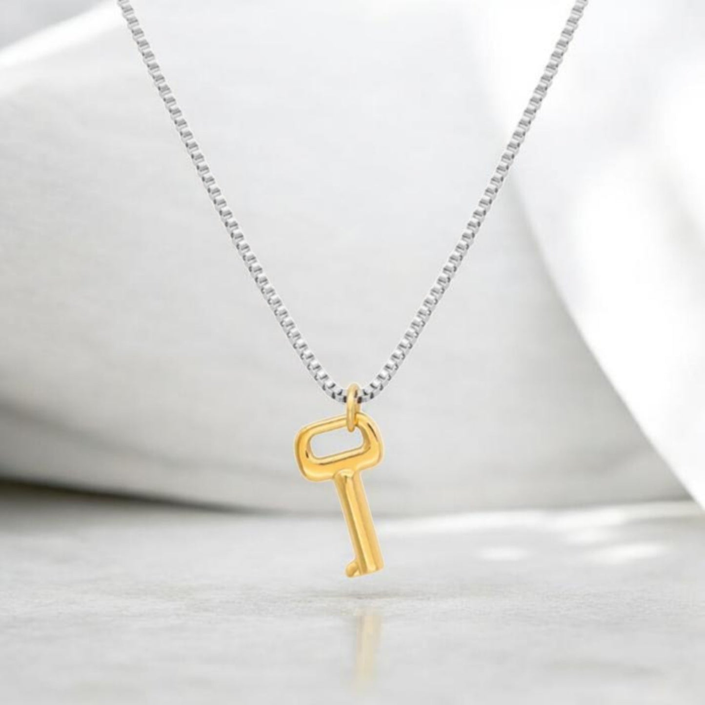 vue d'un bijoux mis en valeur, le collier avec pendentif (la chaine est argenté, et le pendentif en forme de clé est doré)